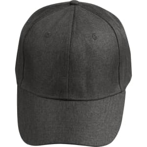 A dark heather grey cap with a smooth finish and a logo on the front. Features a classic design for headwear.