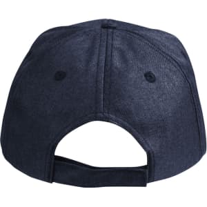 A dark navy cap with a curved peak, revealing an adjustable strap at the back and ventilation holes.
