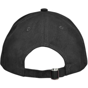 A dark brown cap featuring a buckle closure at the back and a logo.