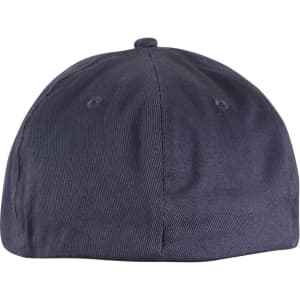 A navy cotton fitted cap featuring a rounded design and a logo on the side.