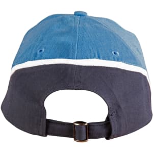 A cap featuring tri-colour design in blue, white, and navy, with an adjustable strap at the back and a logo.