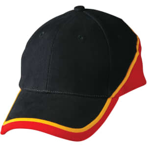 A cap in black, red, and yellow with a logo. Features a structured design and curved peak.
