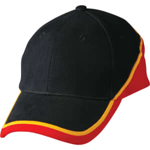 A cap featuring a black body with contrasting red and yellow accents around the brim and sides, including a logo.