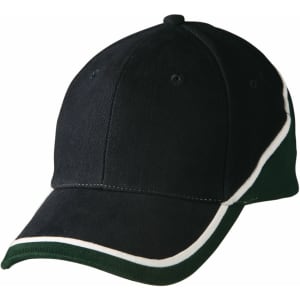 A black cap with green accents and a white strip along the brim, featuring a logo on the front.