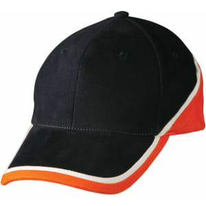 A cap featuring a black body with contrasting orange and white details. Includes a logo.