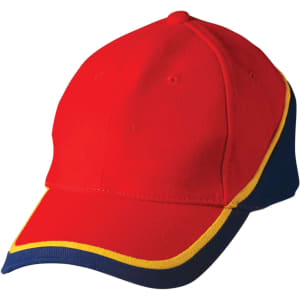 A cap featuring red fabric with blue and yellow accents, and a logo on the front.