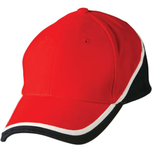A red cap with contrasting white and black accents. It features a logo on the front.