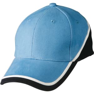 A blue and black cap with white trim and a logo on the front.