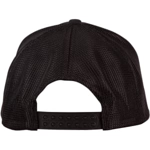 A black cap with a mesh design and adjustable strap at the back, featuring a logo.