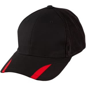 A black cap with red accents and a mesh back, featuring a structured brim and ventilation holes.