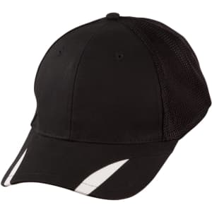 A black cap with a mesh back and white trim detailing, featuring a logo branding.