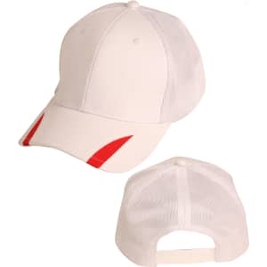 A white cap with red trim and mesh panels, featuring a branded logo on the back.