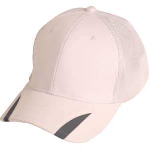 A beige cap with a mesh back and contrasting grey trim. It features a logo on the front.
