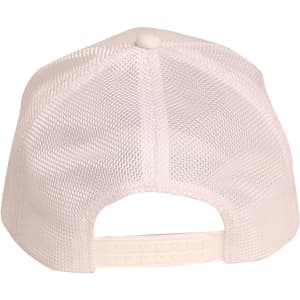 A white cap with mesh detailing at the back, featuring an adjustable strap and a logo on the side.