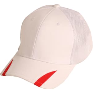 A white cap with contrasting red trim and a mesh back, featuring a logo on the front.