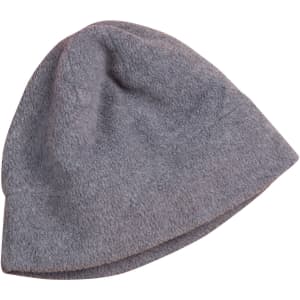 A grey beanie made from fleece material, featuring a soft texture and simple design.