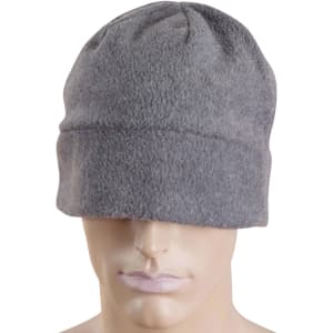 A grey fleece beanie on a mannequin head, featuring a simple design and a subtle branding logo.