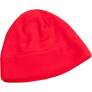 A red fleece beanie with a snug fit and a simple design. It features a branding logo.