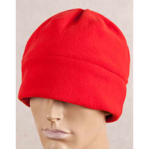 A red polar beanie displayed on a mannequin head, featuring a soft, warm fabric design.