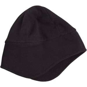 A black polar beanie with ear covers, made from soft fleece material. It features a simple, unadorned design.