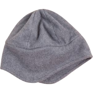 A grey polar fleece beanie with ear cover design, featuring a simple, unadorned style and no visible branding.