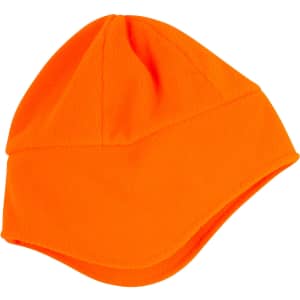An orange polar beanie with ear covers, made from soft fleece material. It features a logo on the side.