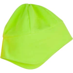 A bright yellow polar beanie with ear covers, featuring a simple design and a logo.
