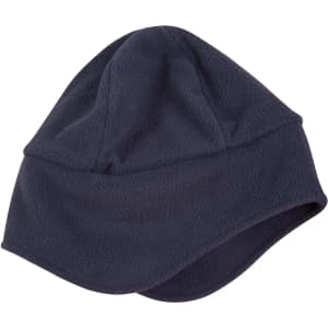 A navy blue polar beanie with ear covers, made from soft fleece material. It has a simple design and includes a logo.