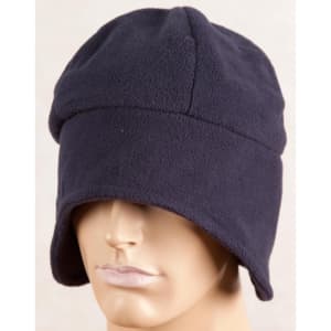 A dark navy beanie with ear covers displayed on a mannequin head. The fabric appears soft and fleece-like.