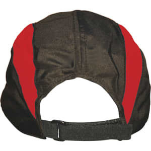 A black and red foldable cap with a flat brim and adjustable strap at the back, featuring a logo.