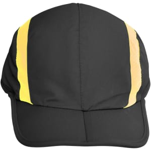 A black foldable cap with reflective yellow stripes, featuring a logo on the front.