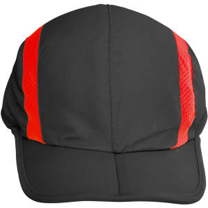 A black cap with red stripes on the sides and a logo on the front.