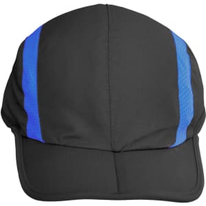 A foldable cap in black with blue stripes, featuring a logo on the front.