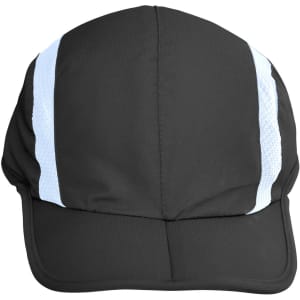A black foldable cap with light blue stripes and a logo on the front. Ideal for headwear.