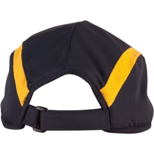 A navy cap with yellow stripes and a logo on the back, featuring a buckle for adjustment.
