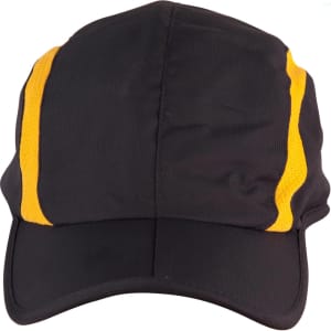 A black cap with yellow stripes and a branding logo, featuring a foldable design.