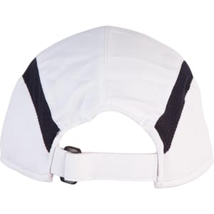 A white foldable cap featuring black accent panels and an adjustable strap at the back. Includes a logo.