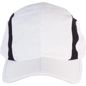 A foldable cap featuring a white design with black side panels and a structured front brim. It includes a logo on the front.