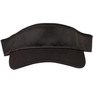 A black sandwich visor with a wide brim and adjustable strap, featuring a logo on the front.