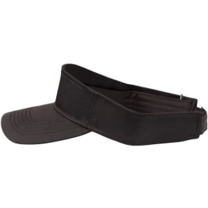 A black visor featuring a wide brim and adjustable strap, showcasing a simple design and a logo.
