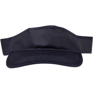 A black visor with a wide brim and adjustable back strap, featuring a logo.