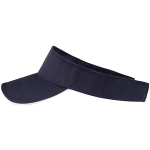 A navy blue twill visor with a wide brim and an adjustable band. It features a logo on the front.