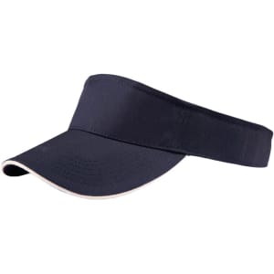 A navy twill visor with a wide brim and a contrasting trim, featuring a logo on the front.