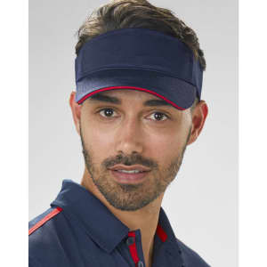 A navy blue visor with red accents, featuring a logo, designed for outdoor activities and casual wear.