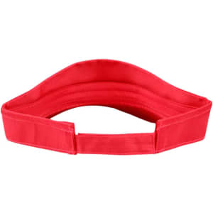 A red visor with a wide band and adjustable strap, featuring a logo on the side.