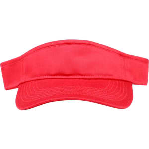 A bright red sandwich visor with a wide brim and adjustable band, featuring a logo on the front.