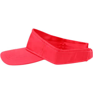 A red visor with a wide brim, featuring a curved peak and an open back. It has a logo on the band.