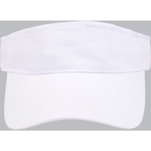 A white visor with a wide brim and adjustable strap, featuring a logo on the front.