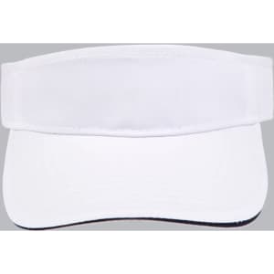 A white visor with a contrasting black underside and a logo on the front.