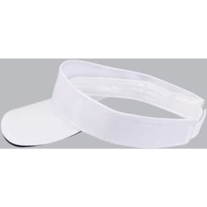A white twill visor with a black underside and an adjustable strap, featuring a logo.